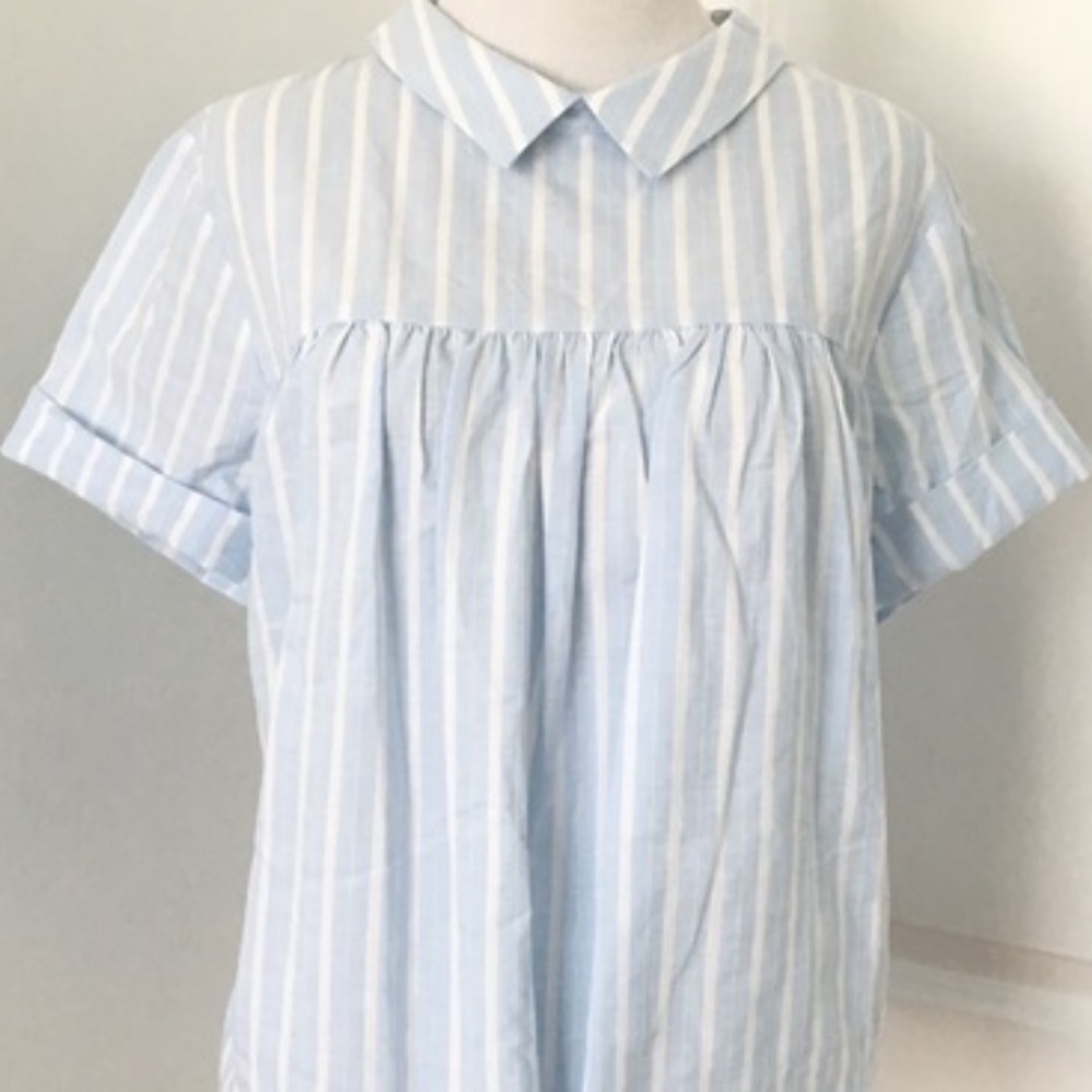 Zara blue and white striped shirt Peter Pan collar